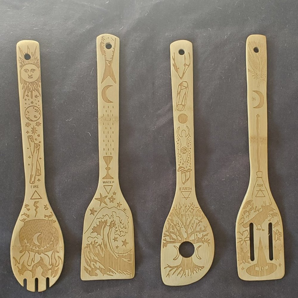 4pcs/set, Witchy Wooden Cooking Utensils